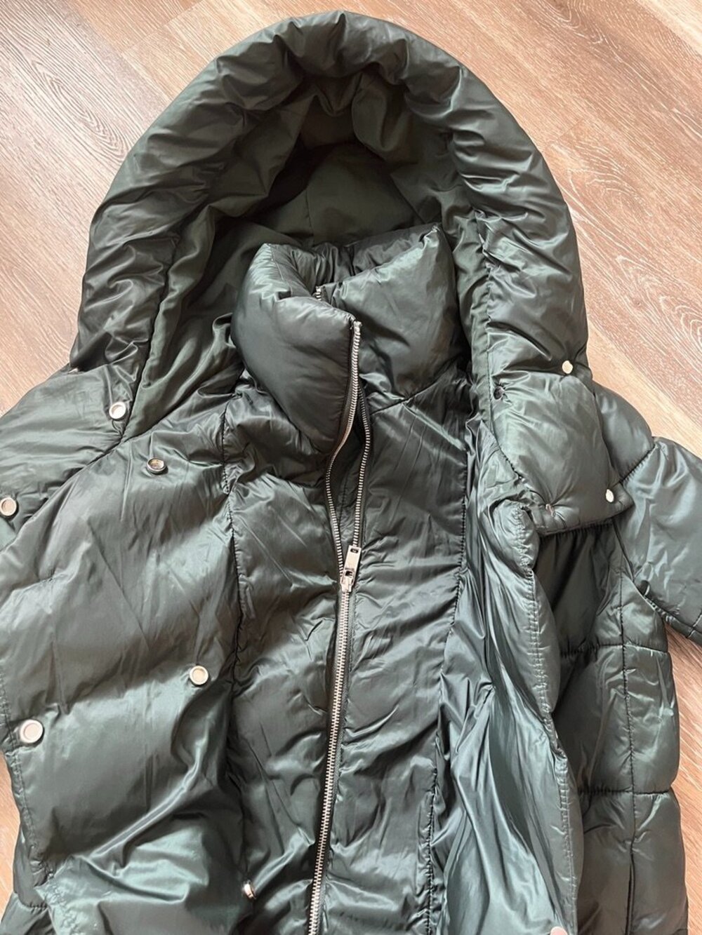 Double layered soft light down teal blue hooded funnel neck winter coat